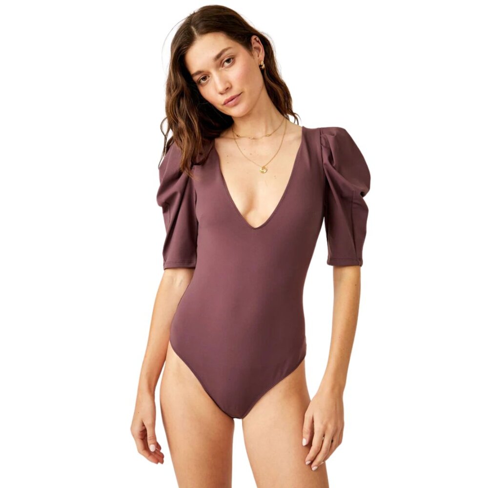 FREE PEOPLE VA VA VOOP Bodysuit Java / Puffy Sleeves / Mauve / Size S